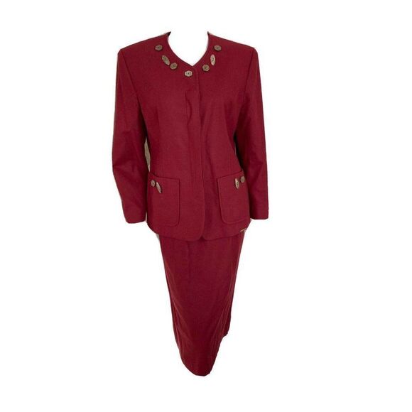 Geiger Collection Ruby Red Wool Skirt Set Suit Size 36 / Small - Picture 1 of 11
